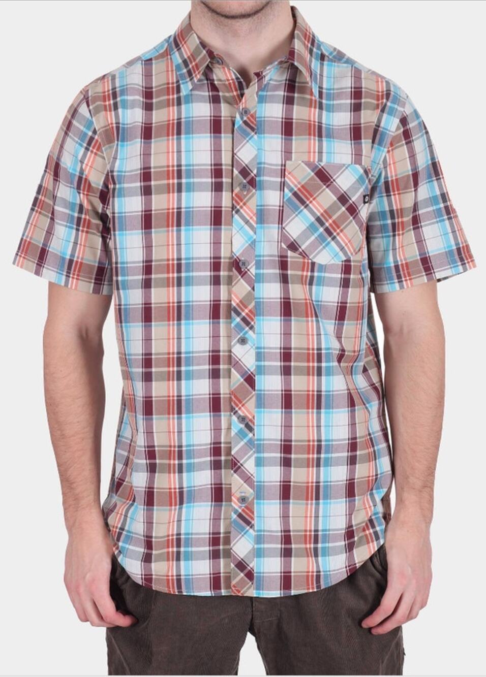 Marmot  Men's Dexter Plaid Short Sleeve Outdoor Shirt Blue-Brown-Orange Size L